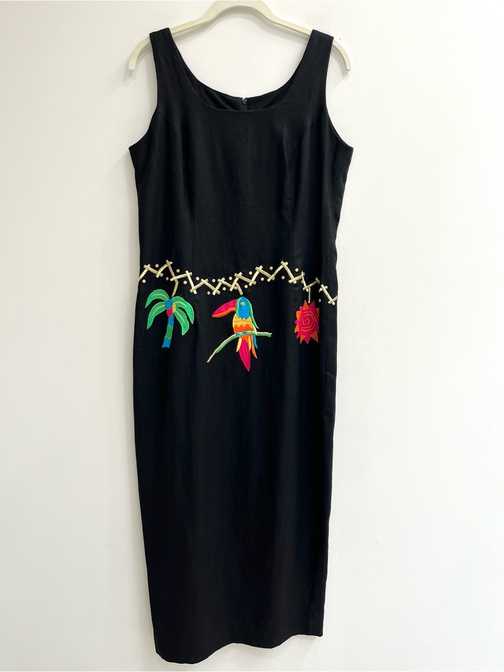 Vintage 90’s DL Deborah Laws black linen maxi dress embroidered bird palm tree